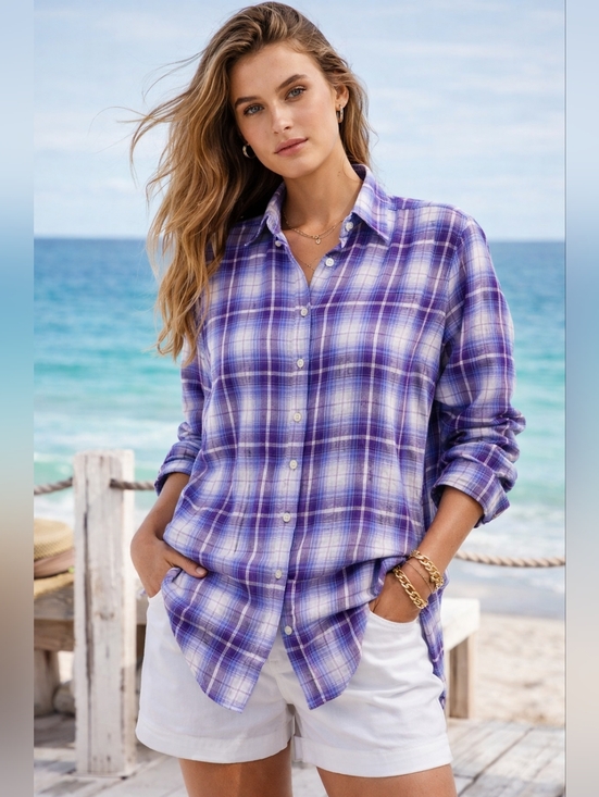 Lauren Ralph Lauren Tops - LAUREN RALPH LAUREN Button Down Womens XL Purple White Plaid Preppy Coastal